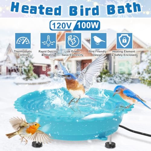 Heated Bird Baths for Outdoors,100W Winter Heated Birdbath,Blue - Image 4