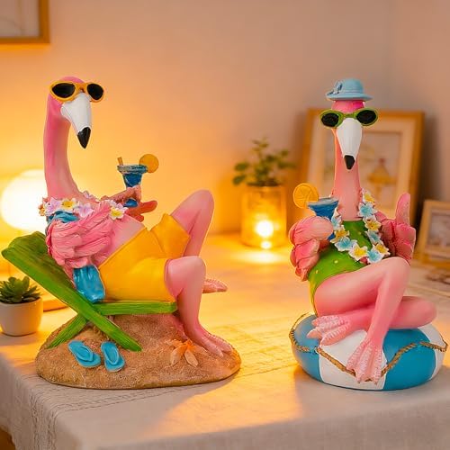 Teaeeno Pink Flamingo Figurines With Swim Ring Resin Flamingo Bird Sculpture,Large Flamingo Ornaments for Coastal Home Wedding Decor,Housewarming Flamingo Gifts for Lady,Tropical Holiday Decor on Desk - Image 2