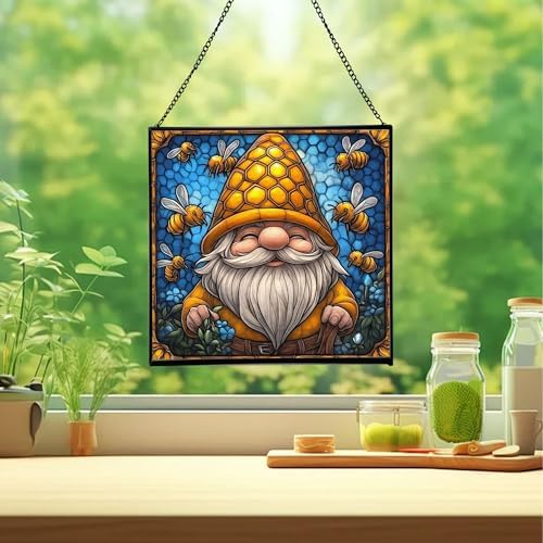 Bee Keeper Gnome Stained Glass Suncatcher – Square Hanging Window Panel for Home or Greenhouse – Whimsical Glass Art Gift for Garden Lovers, Christmas, Halloween, Father Days jHIJ7k - Image 2