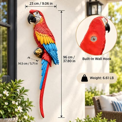 Hanging Scarlet Macaw Garden Statue, Hand Painted Resin Bird Decor - Image 3
