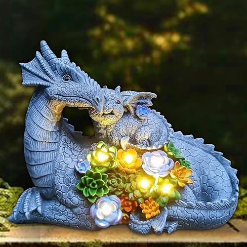 Solar Dragon Garden Statues Outdoor Decor, Resin Dragon Figurine with Succulent and 6 LED Lights Lawn Patio Balcony Art Decoration,Housewarming Birthday Gifts for Grandma Mom Women - Image 3