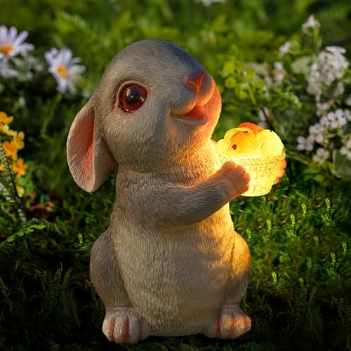 Solar Rabbit Garden Statues Outdoor Decor Resin Bunny Figurine Holding Mushroom with LED Lights for Porch Patio Lawn Yard Christmas Housewarming Gardening Gifts for Mom Grandma by WONDHOME