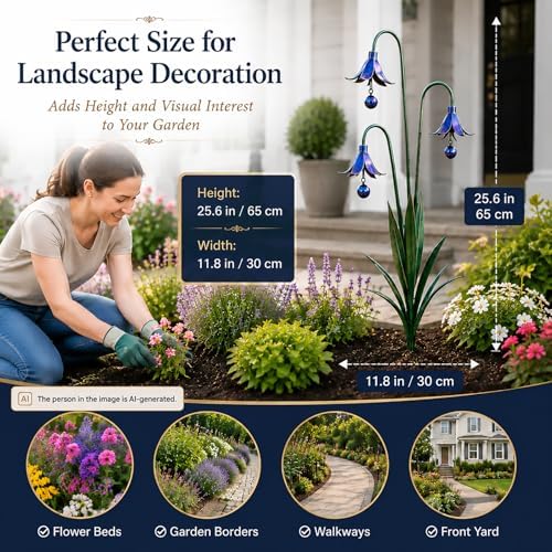 Triple Bluebells Garden Stake、Metal Garden Stake、Wind Chimes Yard Decor、Flamed Copper Decor、Rustic Farmhouse、Outdoor Lawn Patio Decor、Garden Gifts for Gardeners (1pcs Blue) - Image 3