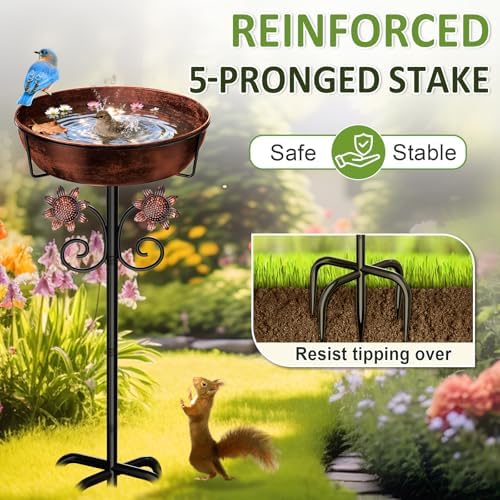 3" Deep Metal Bird Bath for Outside, Removable 12" Dia Vintage Bird Baths Bowl for Outdoors with Stable 5-Prong Stake, 37" H Freestanding Birdbath for Garden Patio Yard Lawn (Brush Bronze) - Image 5