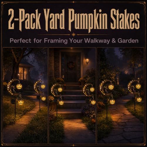 2 Pack Solar Halloween Pumpkin Moon Black Cat Garden Stake Lights Outdoor - Image 4