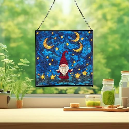 Starry Night Gnome Stained Glass Suncatcher – Square Hanging Window Panel for Home or Greenhouse – Whimsical Glass Art Gift for Garden Lovers, Christmas, Halloween, Father Days 81MU6h - Image 2