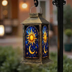 Solar Lantern Outdoor Waterproof Sun Moon Stained Glass Effect Art Stars Deep Blue Gold Garden Decor LED Hanging Solar Lights Tabletop Lamp Gifts for Women Mom Outside Yard Patio Porch by DERUINVAIO