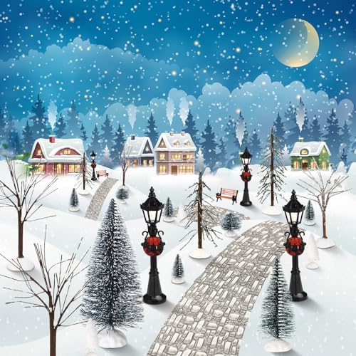 Hotop 28 Pcs Mini Artificial Christmas Village Tree Set Snow Christmas Pine Bare Branch Trees Xmas Street Lamp Post Miniature Park Bench Seat Cobblestone Street for Decoration(Vivid) - Image 4