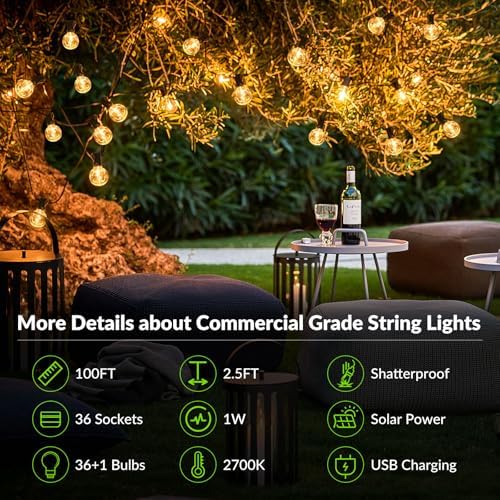 Lakumu 100FT G40 Solar String Lights Outdoor, Globe Outdoor String Lights - Image 6