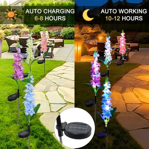 Solar Garden Lights Solar Delphinium Flowers Lights 4 Pack Waterproof Outdoor Light for Outside Wedding Party Garden Yard Patio Lawn Decor 4 Colors Combo - Image 3