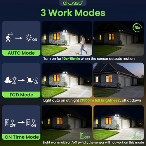 ALUSSO Motion Sensor Outdoor Lights, 30W 3500LM Flood Lights Outdoor 120V, 3 Modes (Dusk to Dawn/Auto/On Time), 3CCT 3000K/4000K/6500K Waterproof Hardwired Security Light ETL Listed for Porch, 2PCS - Image 5