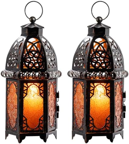 NEEDOMO Set of 2 Moroccan Lanterns Decorative Indoor & Outdoor, Hanging Candle Lantern, 11'' Vintage Candle Holder, Metal Lanterns Decorative, Table, Patio, Porch, Shelf, Gothic Home Decor (Amber) by NEEDOMO-LightUpYourSpace