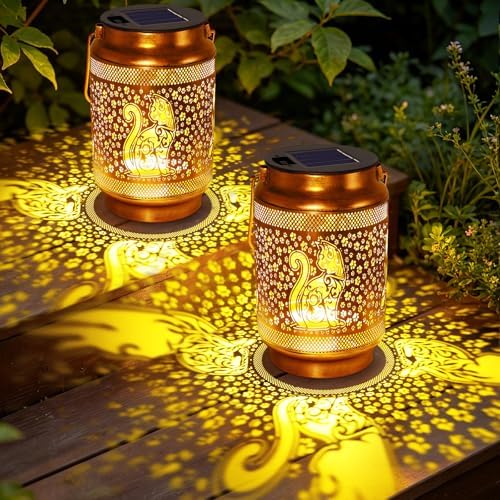 2 Pack Cat Solar Lanterns Outdoor Waterproof Garden Decor, Dragonfly Birthday Gifts for Women Mom Grandma Christmas, Metal Hanging Solar Lights for Outside Yard Patio Pathway Backyard Porch by yulloyello