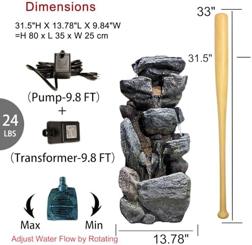 Bumilgar Water Features Outdoor Patio 6-Tier Cascading Rock Water Fountain 31.5''Water Fall Fountain Outside Resin Fountain with Light Mossy Rock Floor Garden Fountain Indoor for Relaxation Home Decor - Image 5