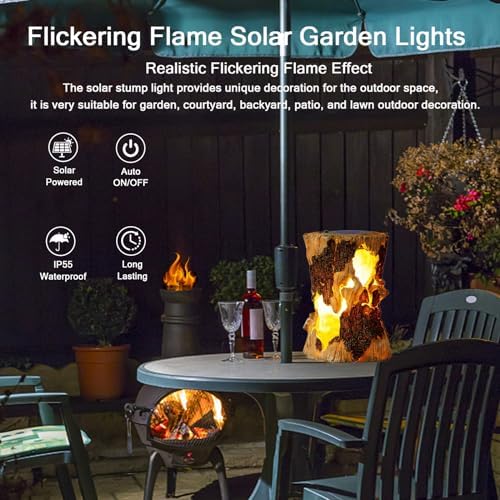 Solar Garden Lights, Flickering Stump Solar Flame Lantern Light Waterproof, Outdoor Stump On Fire Torch Light, Solar Powered Landscape Decoration Lighting for Patio Pathway Deck Yard (Natural) - Image 2