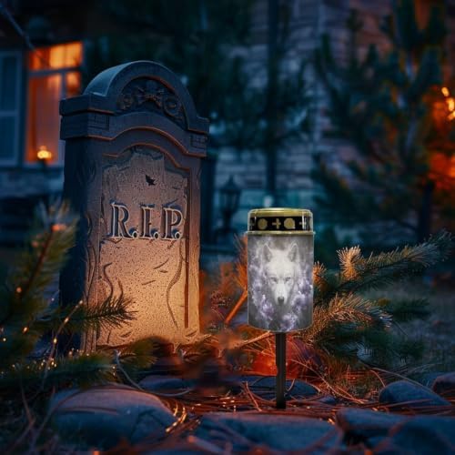 Poceacles Solar Lights Outdoor Waterproof Cemetery Solar Outdoor Candle Grave Decoration Votive Candles Blessed Lights for Loss of Loves One, Wolf Violet Flower Black, 6 Pcs - Image 2