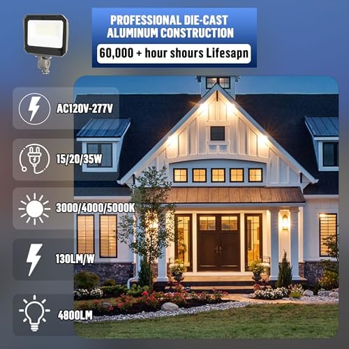 LAMPHOME LED Flood Lights Outdoor 15/20/35W and 3000/4000/5000K Adjustable 3900Lm,Dusk-to-Dawn Sensor o Dawn Flood Light for Yard, Garage, Garden,UL Listed, Includes Knuckle Mount UL Listed - Image 4