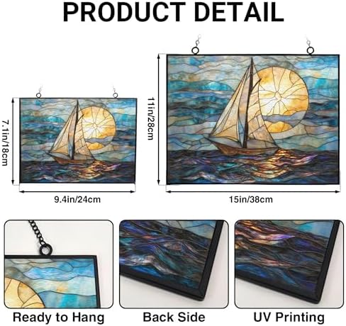 Stained Glass Window Hanging, Art Nouveau Horizon Sailboat Sun Catchers Glass Panel Rectangle Hangings Abstract Suncatcher Decor for Birthday for Women, Men, Wife, Aunt, and Mom 15"x11" - Image 3