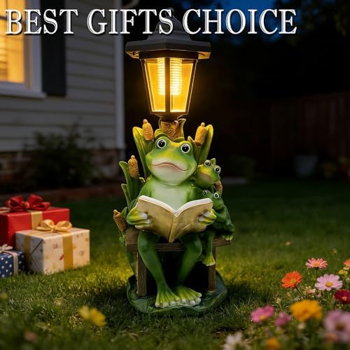 Solar Frog Garden Statue for Outdoor Decor with Lantern - Lawn Decoration 16“ Tall Frog Figurine Lights for Patio, Yard, Porch Ornament - Valentine's Day Gifts for Mom, Grandma, Women - Image 2
