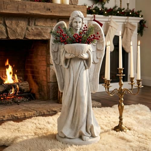Outdoor Angel Statue with Birdbath, Garden Sculpture Decorations for Yard Patio Deck Home Entryway Hallway (Angel-Grey) - Image 6