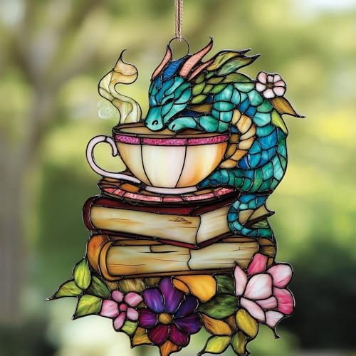 Tea Dragon Books Acrylic Suncatcher 12 Inches, Halloween Decoration Indoor Outdoor, Bedroom Porch Decor, Stained Glass Effect Window Hanging, Fantasy Ornament, Book Lover Gift for Her Mom by XISZYS