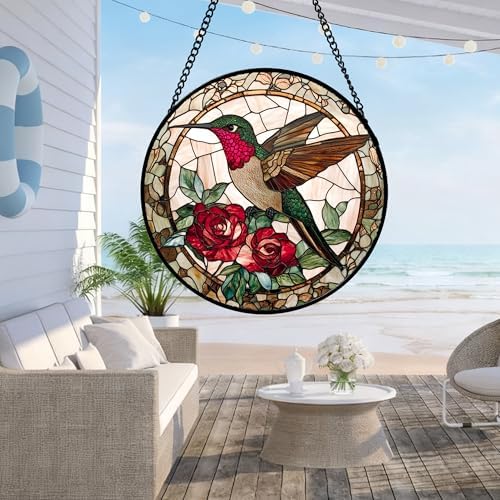 CHATYOUNG Stained Glass Window Hanging Flower Hummingbird Retro Large 15" - Bird Suncatcher Door Garden Home Decor Christmas Mother's Day Birthday Gift for Grandma Women Mom Nana Wife Bird Lovers - Image 3