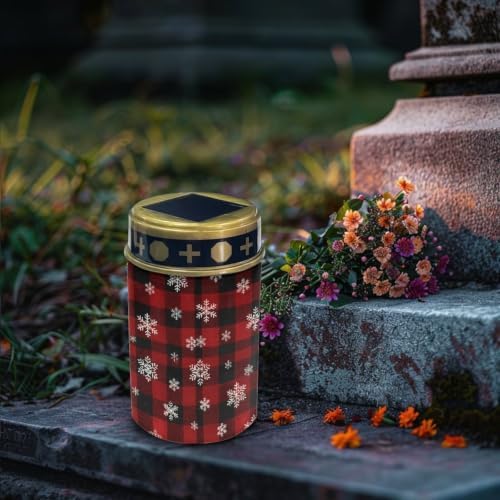 Poceacles Flameless Candle Solar Powered Grave Outdoor Lights Cemetery Candle Flameless Fake LED Pillar Lights Outdoor Christmas Decoration, Christmas Plaid Snowflake Red Black, 4 Pcs - Image 3