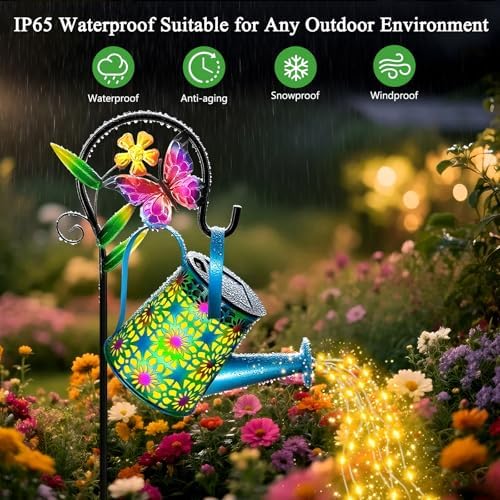 Solar Lights Outdoor Decorative, 2 Pack Blue Metal Watering Can with Lights - Image 6