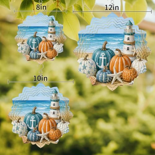 10 Inch Fall Coastal Pumpkins Wind Spinner for Yard and Garden,Thanksgiving Autumn Beach Nautical Hanging Ornaments Outdoor 3D Kinetic Wind Sculpture Spinners Indoor Outdoor Patio Décor Gift - Image 3