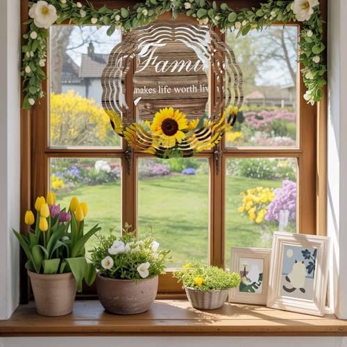 Yellow Sunflowers Wind Spinners Outdoor Family Brown Wood Striped Countryside 3D Stainless Steel Wind Spinner for Yard Kinetic Sculpture Hanging Spinning Ornament for Garden Patio Porch 12 Inch - Image 2