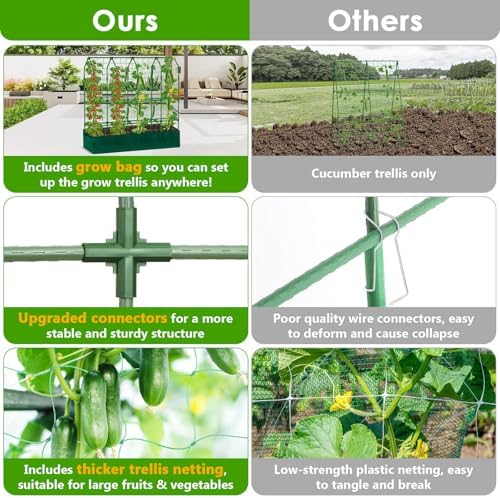 Large Cucumber Trellis for Climbing Plants with Grow Bag, 67"×65"×16.5" Metal Garden Trellis for Raised Bed with Garden Netting and Plant Clip Plant Ties for Vegetables, Squash, Pea, Grape, Tomato - Image 5