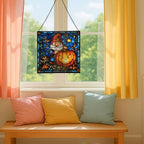 Gnome Pumpkin Lantern Stained Glass Suncatcher – Square Hanging Window Panel for Home or Greenhouse – Whimsical Glass Art Gift for Garden Lovers, Christmas, Halloween, Father Days WY9zHS - Image 5