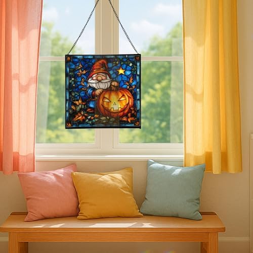 Gnome Pumpkin Lantern Stained Glass Suncatcher – Square Hanging Window Panel for Home or Greenhouse – Whimsical Glass Art Gift for Garden Lovers, Christmas, Halloween, Father Days WY9zHS - Image 5
