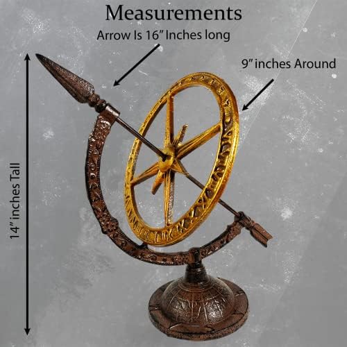 Urbalabs Iron Cast Hand Painted Golden Armillary Sundial Bronze Housing and Gold Painted Metal Disk Roman Numerals Compass Base Garden Themed Metal Decor Indoors Or Outdoors Iron Heavy-Duty - Image 2