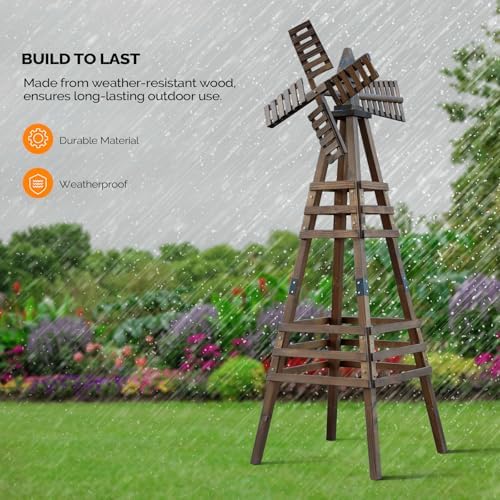 Wooden Windmill, Weather-Proof Wind Spinner, Outdoor Wind Mill for Garden Lawn Patio Decoration (Carbonized, Medium) - Image 3