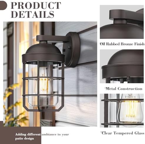 Emliviar 2 Packs Outdoor Wall Lamps, Patio Wall Lighting Waterproof with Clear Tempered Glass, Vintage Exterior Lights in Oil Rubbed Bronze Finish, GE255BL-2PK ORB - Image 2