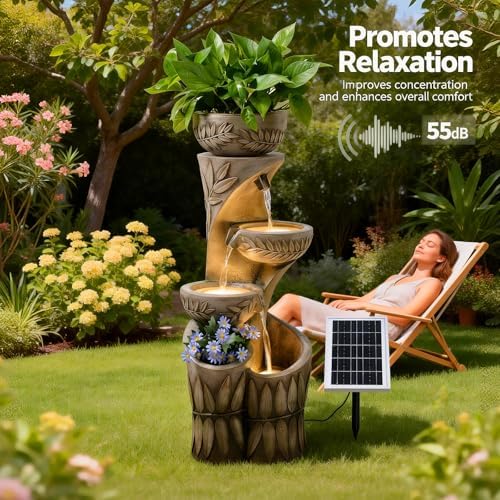 35.6" Solar Outdoor Water Fountain - Relief Leaf Design 4 Tiers Fountains - Image 6