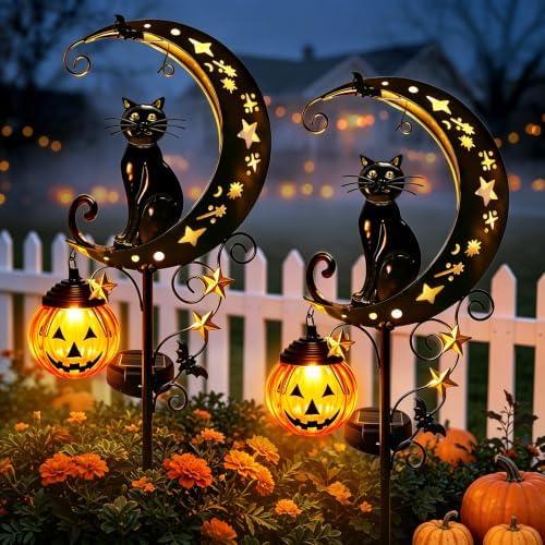Solar Halloween Black Cat Pumpkin Moon Garden Stake Light Outdoor Decor 2Pk by ZNYCYE