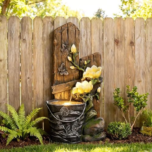 30.7" H 3-Tier Rustic Water Fountain Outdoor with Lights, Faux Iron Bucket & Wooden Stripe Cascading Waterfall Feature with Flowers & Butterfly for Garden, Patio, Backyard, Porch, Yard Decor - Image 6