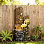 30.7" H 3-Tier Rustic Water Fountain Outdoor with Lights, Faux Iron Bucket & Wooden Stripe Cascading Waterfall Feature with Flowers & Butterfly for Garden, Patio, Backyard, Porch, Yard Decor - Image 6
