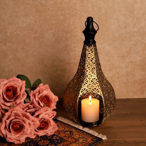11.6in Moroccan Style Temple Lantern Ramadan Lamp Hanging Metal Candle Holders Decorative Festival Outdoor Patio or Porch Indoor Home Decor Gift Gold - Image 2