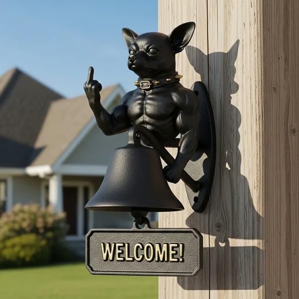 Cast Iron Muscle Dog Welcome Doorbell, Funny Bulldog Doorbell, Dog Middle Finger Decor Dinner Bell, Retro Metal Outdoor Dachshund Hanging Door Bell for Yard Garden - Image 3