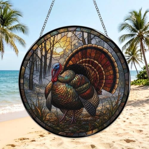 Autumn Wild Turkey Stained Glass Suncatcher 9.8" Colorful Window Hanging Ornament, Retro Sun Catcher Decor with Chain for Home Wall Garden Birthday Christmas Mothers Day - Image 3