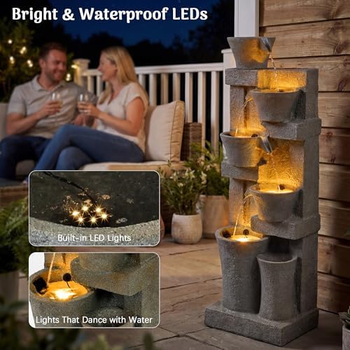 Redlife 49.6" Tall Outdoor Waterfall Fountain, 5-Tier Modern Stone-Look Garden Water Feature with Warm LED Lights & Adjustable Pump, Large Floor-Standing Waterproof Resin Fountain for Patio,Yard, Deck - Image 4