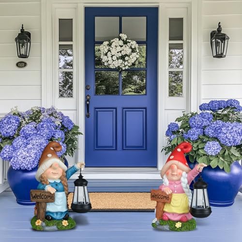 12.4" Solar Garden Gnome Statue with LED Lantern Welcome Sign, Pink - Image 5
