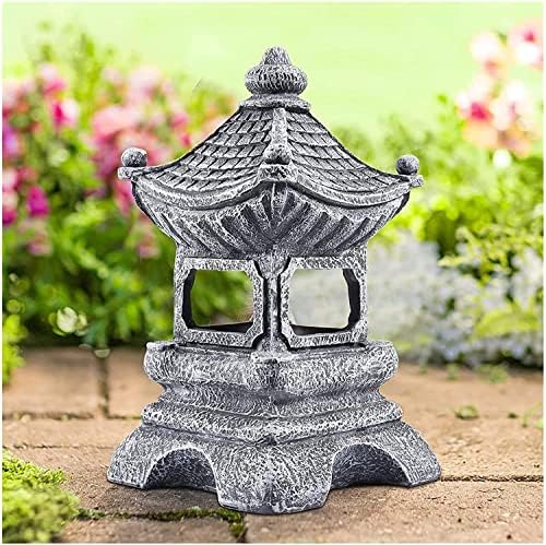 Garden Ornaments Decor Statue Outdoor,Outdoor Garden Sculpture Home Statues Pagoda Garden Statue with Solar Light Resin Pavillion Figurine Decor Lantern,Indoor/Outdoor Zen Sculptures - Image 2
