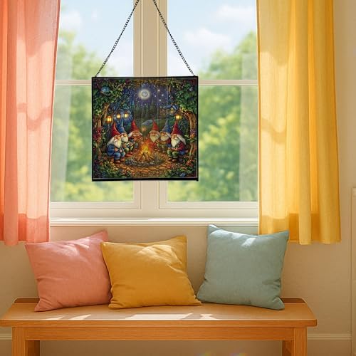 Campfire Story Gnome Stained Glass Suncatcher – Square Hanging Window Panel for Home or Greenhouse – Whimsical Glass Art Gift for Garden Lovers, Christmas, Halloween, Father Days hQZx4H - Image 5