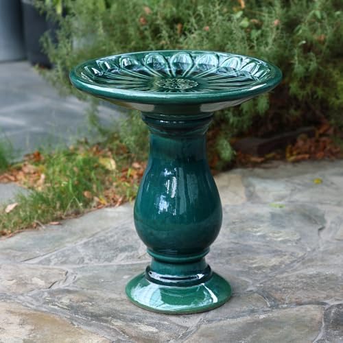 LuxenHome 22 Inch Ceramic Bird Bath for Outside, Elegant Tall Outdoor Bird Bath, Lightweight Pedestal Glazed Birdbaths for Outdoors with Floral Pattern, Dark Green by LuxenHome