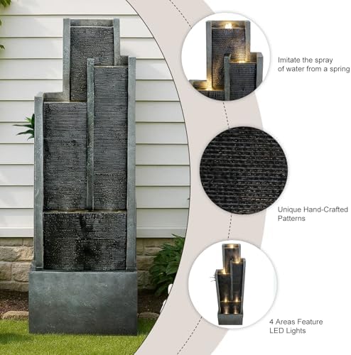 Naturefalls 50.7-Inch Tall Outdoor Water Fountain with LED Lights and Pump, Modern Resin Floor Standing Cascading Waterfall Fountain for Garden Patio Backyard - Image 3