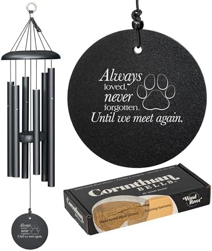 Corinthian Bells 27" Pet Memorial Wind Chime – Black – “Always Loved, Never Forgotten” with Engraved Pawprint – Soothing Sympathy Gift for Dog or Cat Loss & Remembrance by CorinthianBells